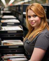 a woman with red hair standing in front of a stack of files generative ai photo