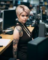 a woman with tattoos sitting at a desk generative ai photo