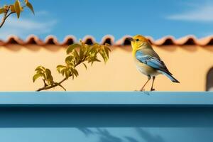 a yellow and blue bird sitting on top of a blue ledge generative ai photo