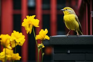 a yellow bird perched on a ledge near yellow flowers generative ai photo