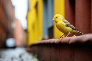 un amarillo pájaro sentado en el borde de un pared generativo ai foto