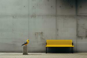 a yellow bird sitting on a bench next to a concrete wall generative ai photo