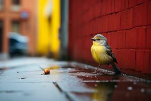 un amarillo pájaro en pie en un mojado acera siguiente a un rojo pared generativo ai foto