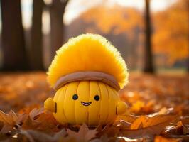 a yellow pumpkin toy with a big smile on its face sitting in the leaves generative ai photo