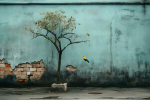 a yellow bird sitting on a tree in front of a blue wall generative ai photo