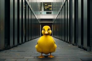 a yellow duck standing in an empty hallway generative ai photo