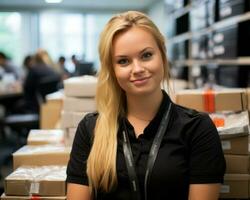 a young woman in a black shirt sitting in front of a stack of boxes generative ai photo