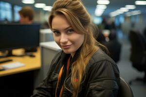 a young woman sitting at a desk in an office generative ai photo