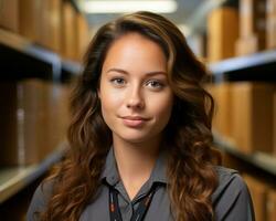 a young woman in a warehouse with boxes on shelves generative ai photo