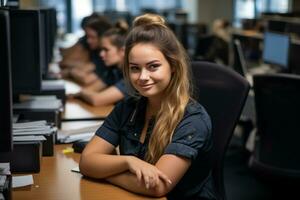 a young woman sitting at a desk in an office generative ai photo