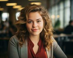 a young woman with curly hair sitting in an office generative ai photo