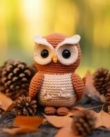 amigurumi crochet owl sitting in autumn leaves generative ai photo
