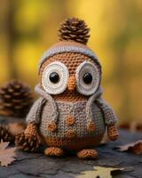 amigurumi owl in a sweater and hat with pine cones generative ai photo