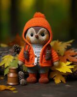 amigurumi owl in an orange jacket and hat on a wooden table with autumn leaves generative ai photo