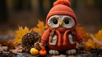 an adorable knitted owl wearing an orange sweater and hat sits on the ground surrounded by autumn leaves generative ai photo