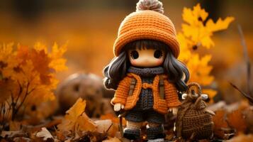 an adorable little girl wearing an orange sweater and carrying a bag of leaves generative ai photo