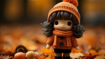 un adorable pequeño niña vistiendo un naranja suéter y sombrero en pie en el otoño hojas generativo ai foto