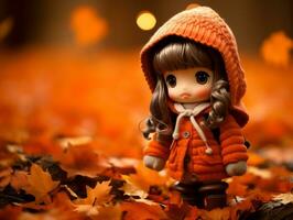 an adorable little girl wearing an orange jacket standing in a field of fallen leaves generative ai photo