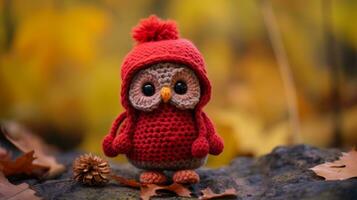 un adorable pequeño búho vistiendo un rojo de punto sombrero generativo ai foto