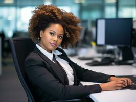 an african american woman in a business suit sitting at a desk generative ai photo