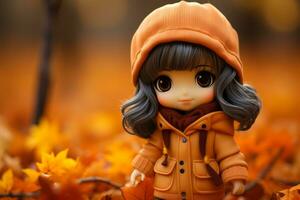 an anime doll wearing an orange coat and hat stands in the middle of a field of autumn leaves generative ai photo