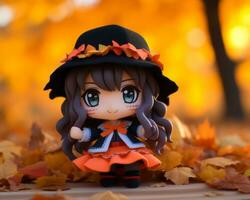 an anime figurine wearing a witch hat and an orange dress generative ai photo