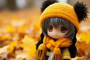 an anime doll wearing a yellow hat and black scarf generative ai photo