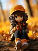 an anime figurine sitting on a log in the autumn leaves generative ai photo