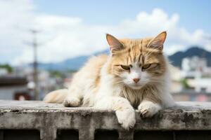 an orange and white cat laying on top of a cement wall generative ai photo