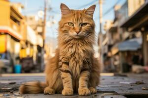 an orange cat sitting on the ground in a city generative ai photo