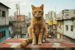 an orange cat sitting on top of a building generative ai photo