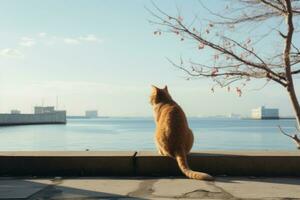 an orange cat sitting on a ledge overlooking a body of water generative ai photo