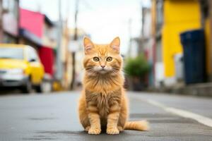 an orange cat sitting on the street in front of a yellow car generative ai photo