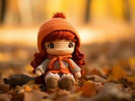an orange crocheted doll sitting on the ground surrounded by fallen leaves generative ai photo