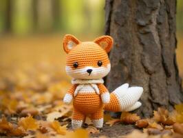 an orange crocheted fox standing next to a tree generative ai photo