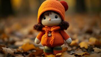 an orange crocheted doll standing in the leaves generative ai photo