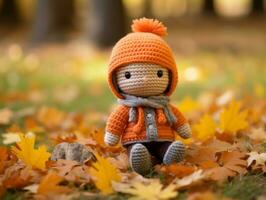 an orange crocheted doll sitting on the ground surrounded by fallen leaves generative ai photo