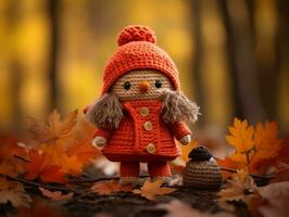 an orange crocheted doll stands in the leaves with acorns generative ai photo