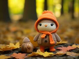 an orange crocheted owl sits in the leaves next to a wooden toy generative ai photo