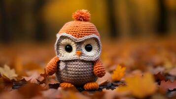 an orange crocheted owl sitting in the leaves generative ai photo