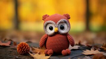 an orange crocheted owl is sitting in the leaves generative ai photo