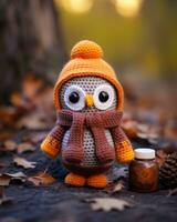 an orange crocheted owl sits next to a jar of honey generative ai photo