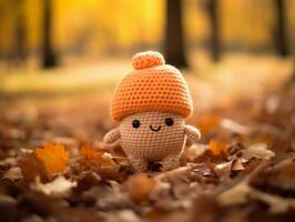 an orange crocheted toy is standing in the leaves generative ai photo