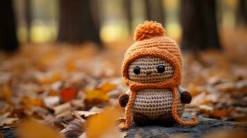 an orange crocheted toy sitting in the leaves generative ai photo