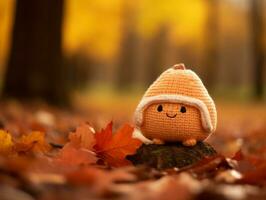 an orange crocheted toy sitting on top of fallen leaves generative ai photo