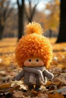 an orange haired doll wearing a sweater and scarf on the ground generative ai photo