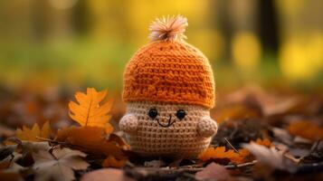 an orange knitted squirrel is sitting on the ground surrounded by fallen leaves generative ai photo
