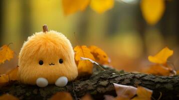 an orange stuffed animal sitting on a branch in the fall generative ai photo