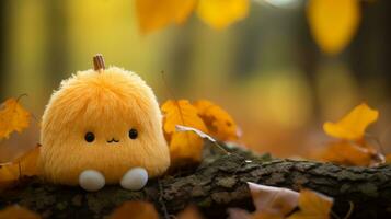 an orange stuffed animal sitting on a branch in the fall generative ai photo