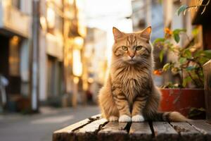 an orange tabby cat sitting on a wooden bench generative ai photo